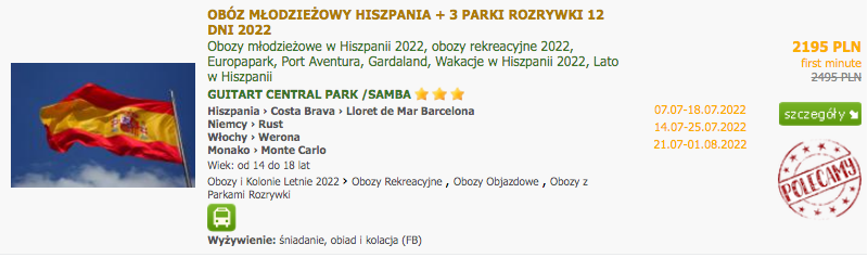 OBÓZ MŁODZIEŻOWY HISZPANIA + 3 PARKI ROZRYWKI 12 DNI 2022
